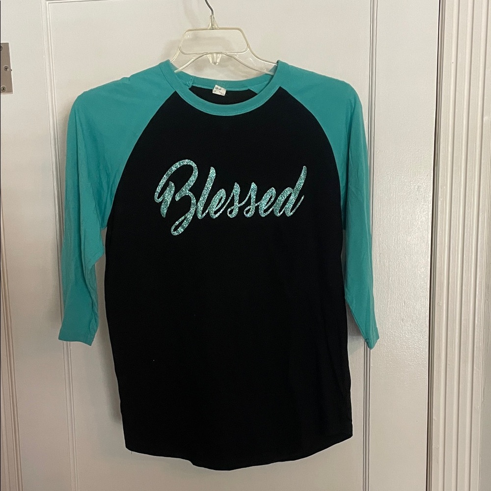 Black and Teal 'Blessed' Raglan Shirt